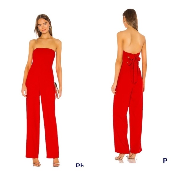 NBD Pants - NWT NBD x REVOLVE Red Strapless Tie Back Wide Leg Ivy Jumpsuit Size Small